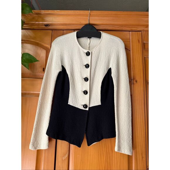St. John Collection Colorblock Santana Knit Collarless Jacket Ivory & Black Sz 0 - Picture 1 of 14
